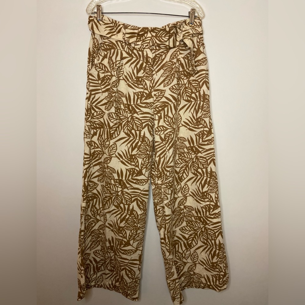 House of Harlow 1960 Leaf Print Linen Blend high waisted Wide Leg Pants Size 10